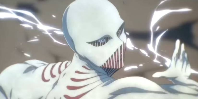 Attack on Titan's War Hammer Titan reaches for a weapon that forms out of light with a smoke cloud behind it.