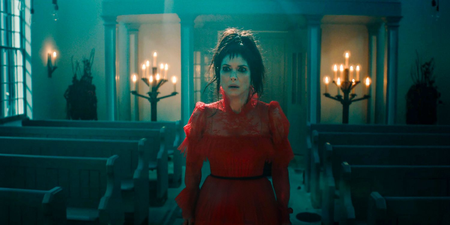 Lydia Deetz (Winona Ryder) in the red wedding dress in Beetlejuice 2