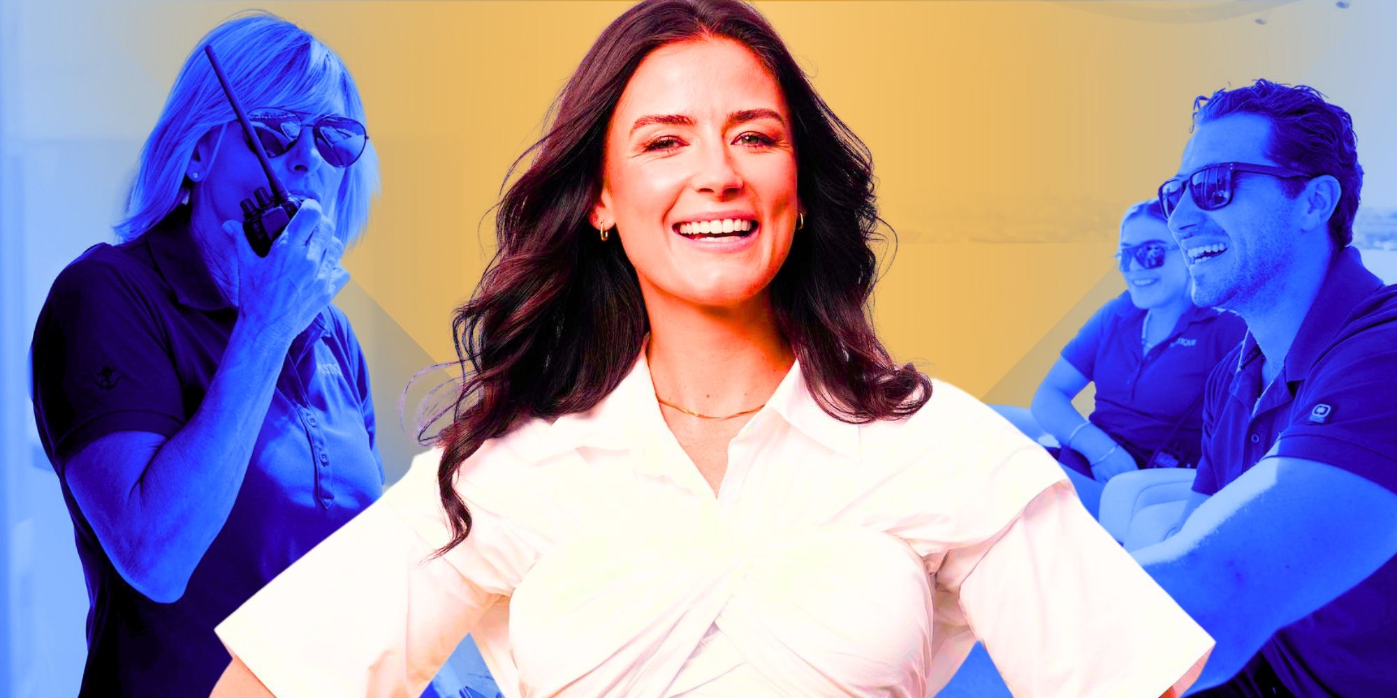 below deck mediterranean montage featuring aesha scott and other cast members with yellow and blue background