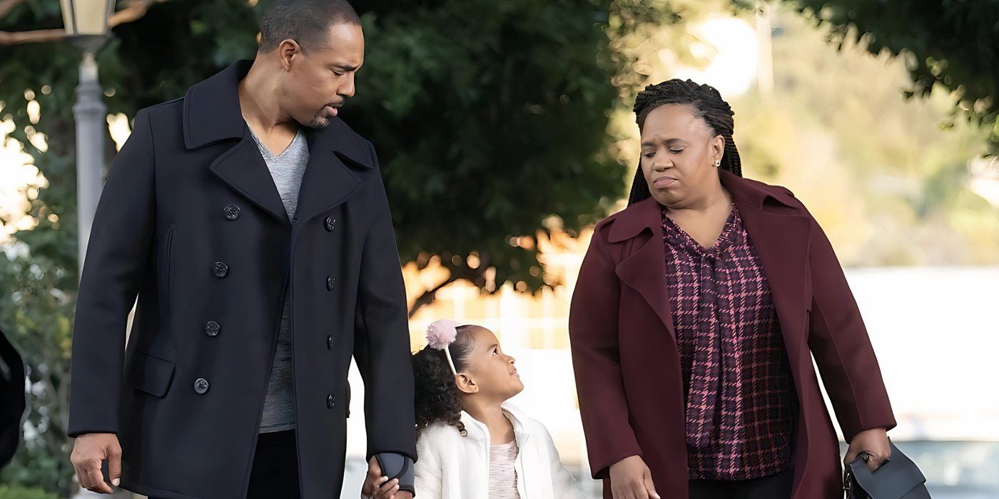 Ben Warren (Jason George) and Miranda Bailey (Chandra Wilson) walk with Pru in Station 19