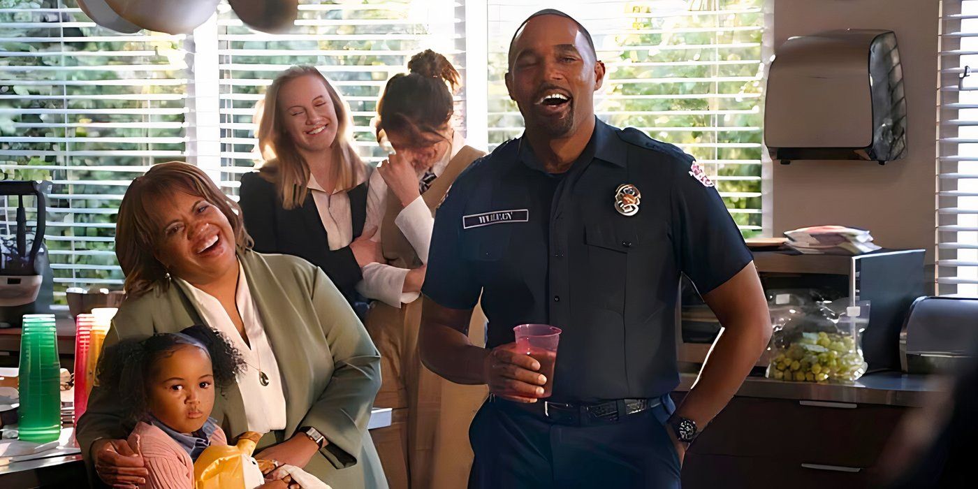 Ben Warren (Jason George) gives a toast while Miranda Bailey (Chandra Wilson), Pru, Maya Bishop and Carina DeLuca laugh in Station 19