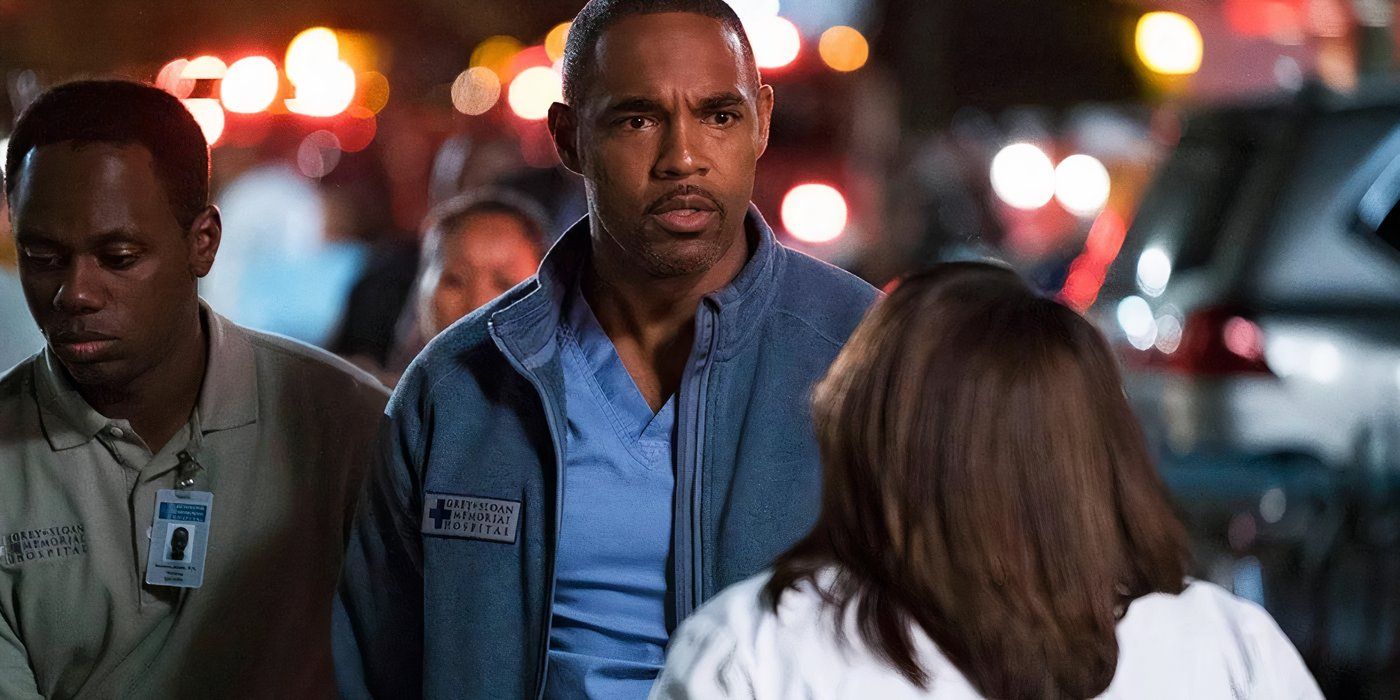 Ben Warren (Jason George) looks shocked while standing outside of the hospital in Grey's Anatomy