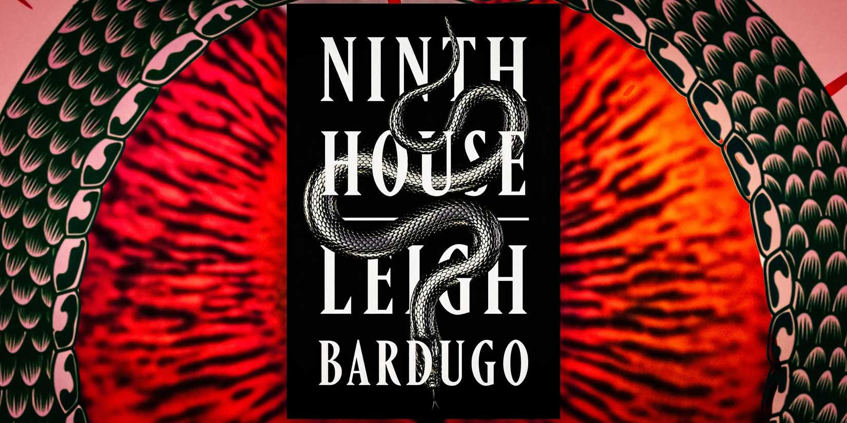 A book cover of Ninth House on a background with a red and black eye