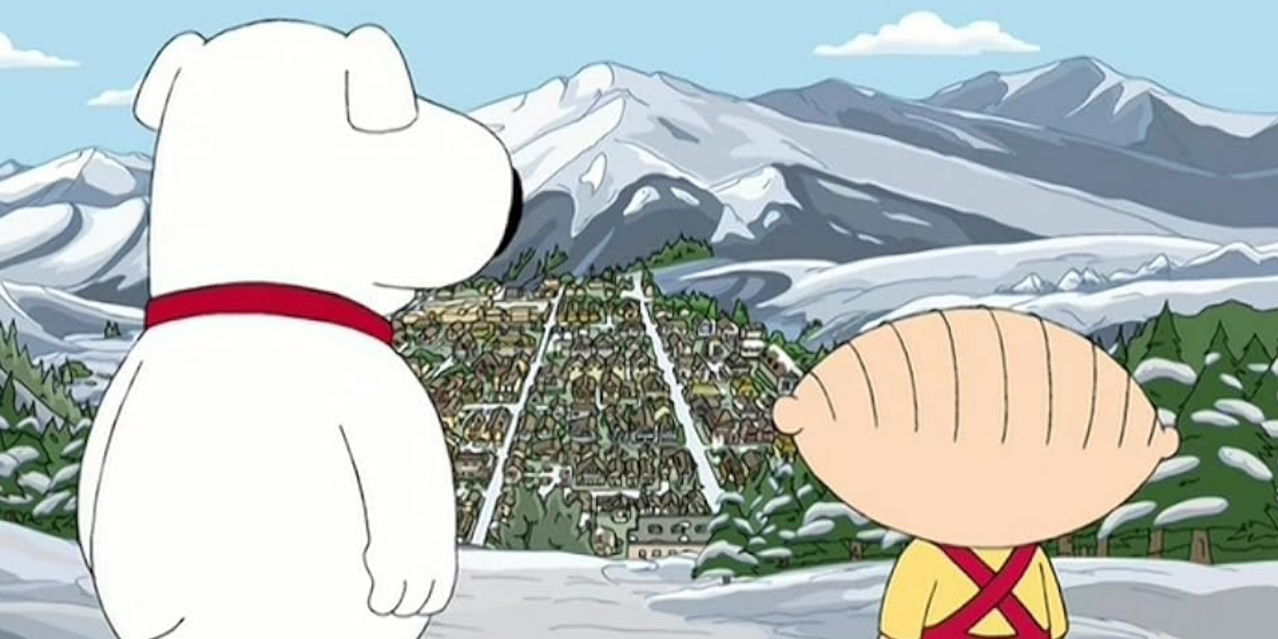 Brian and Stewie looking towrds a city in distance in family Guy-1