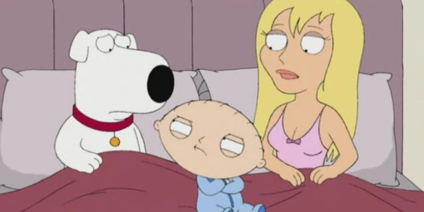Brian, Stewie and Jillian talking in bed in Family Guy