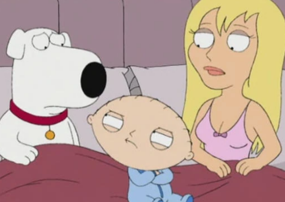 Brian, Stewie and Jillian talking in bed in Family Guy