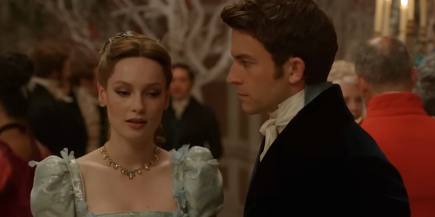 Francesca and Anthony talking at a ball in Bridgerton Season 3 