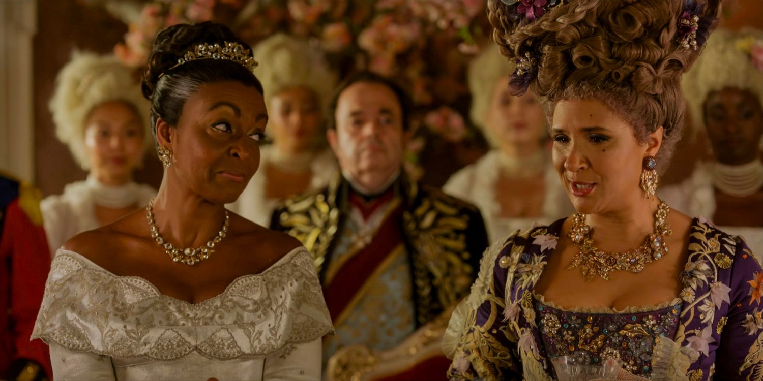 Lady Agatha Danbury (Adjoa Andoh) throwing a look of incredulity at Queen Charlotte (Golda Rosheuvel) in Bridgerton season 3 Part 1