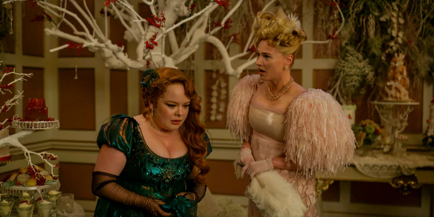 Cressida Cowper (Jessica Madsen) annoying Penelope Featherington (Nicola Coughlan) at Lady Danbury's ball in Bridgerton season 3 Part 1