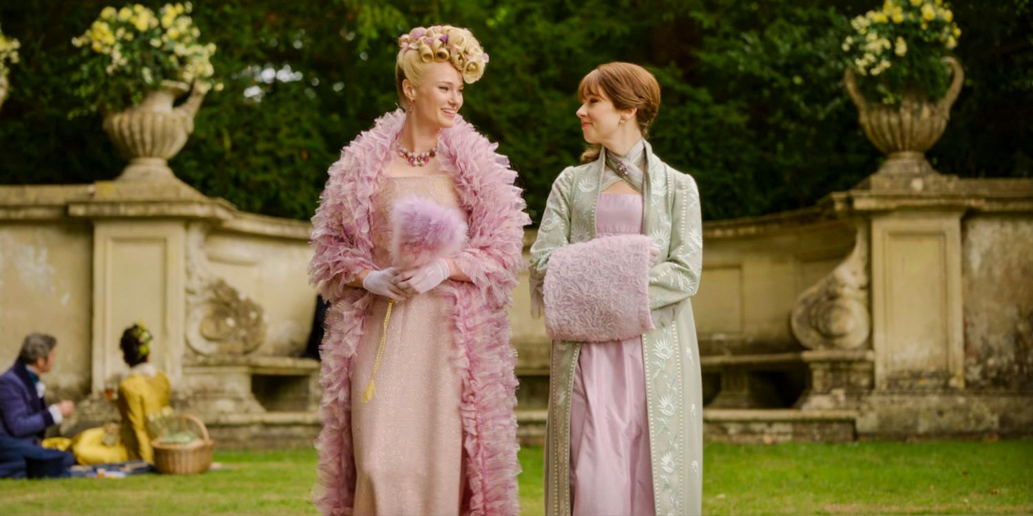 Cressida Cowper (Jessica Madsen) and Eloise Bridgerton (Claudia Jessie) walking in the park in Bridgerton season 3 Part 1