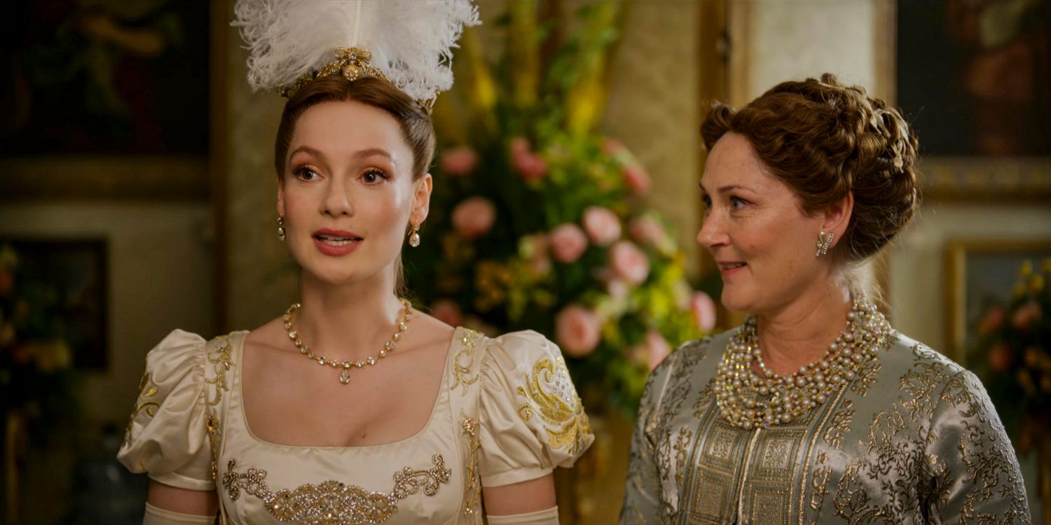 Francesca Bridgerton (Ruby Stokes) looking nervous, while Lady Violet Bridgerton (Ruth Gemmell) looks at her in Bridgerton season 3 Part 1