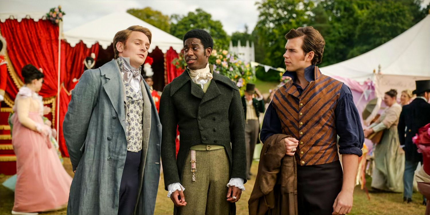 Colin Bridgerton (Luke Newton) chatting with his friends at the queen’s garden party in Bridgerton season 3 Part 1