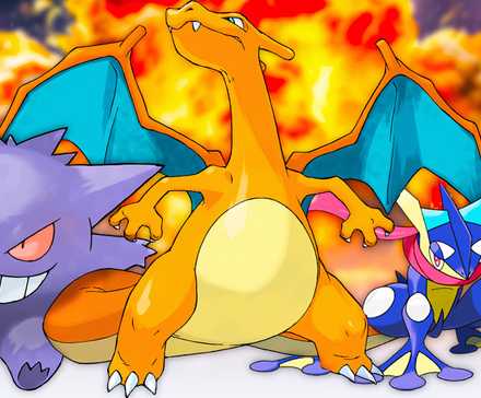 Charizard, Greninja, and Gengar from Pokemon.