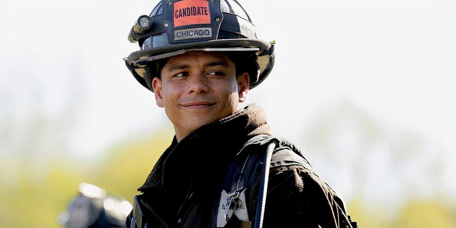 Charlie Barnett as Peter Mills smiling while wearing full emergency gear in Chicago Fire