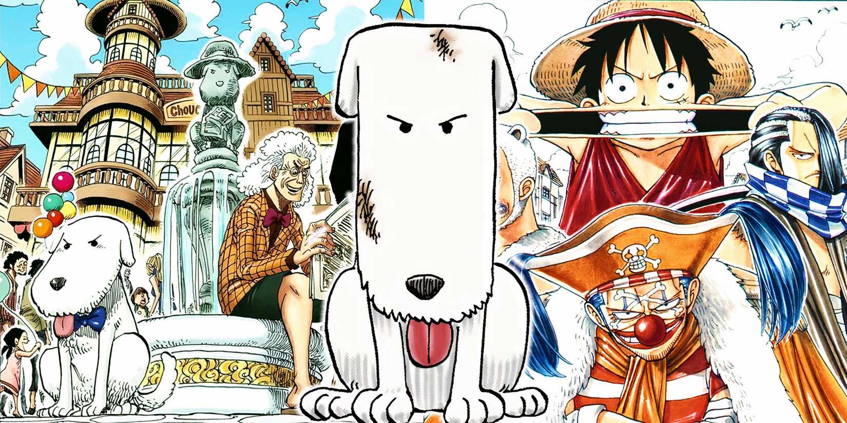 Chouchou trong One Piece ở giữa. Bên trái: hình minh họa tô màu kỹ thuật số của Chouchou ngồi bên đài phun nước trước cửa hàng thú cưng của mình ở Orange Town, cùng với ngài thị trưởng đang đọc báo. Bên phải: Luffy và Buggy trong hình minh họa tô màu kỹ thuật số trên bìa một chương của chương Orange Town trong One Piece.