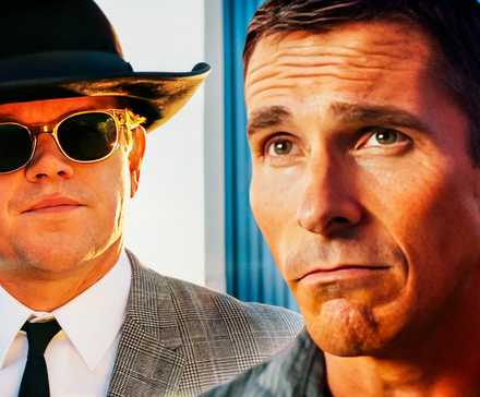 Коллаж из двух крупных планов Кена Майлса и Карлола Шебби в фильме "Ford v. Ferrari"