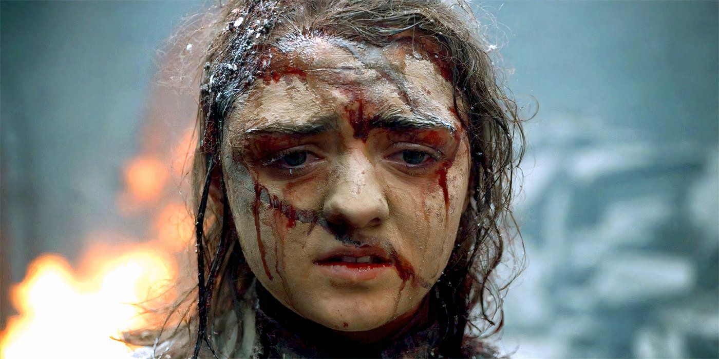 Close up of Maisie Williams as a bloodied Arya Stark in Game of Thrones season 8, episode 5