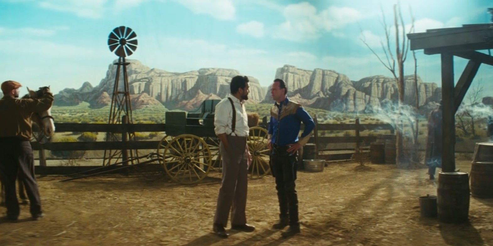 Cooper Howard (Walton Goggins) speaks with Emil Dale (Ash McNair) on the set of a Western movie in Fallout