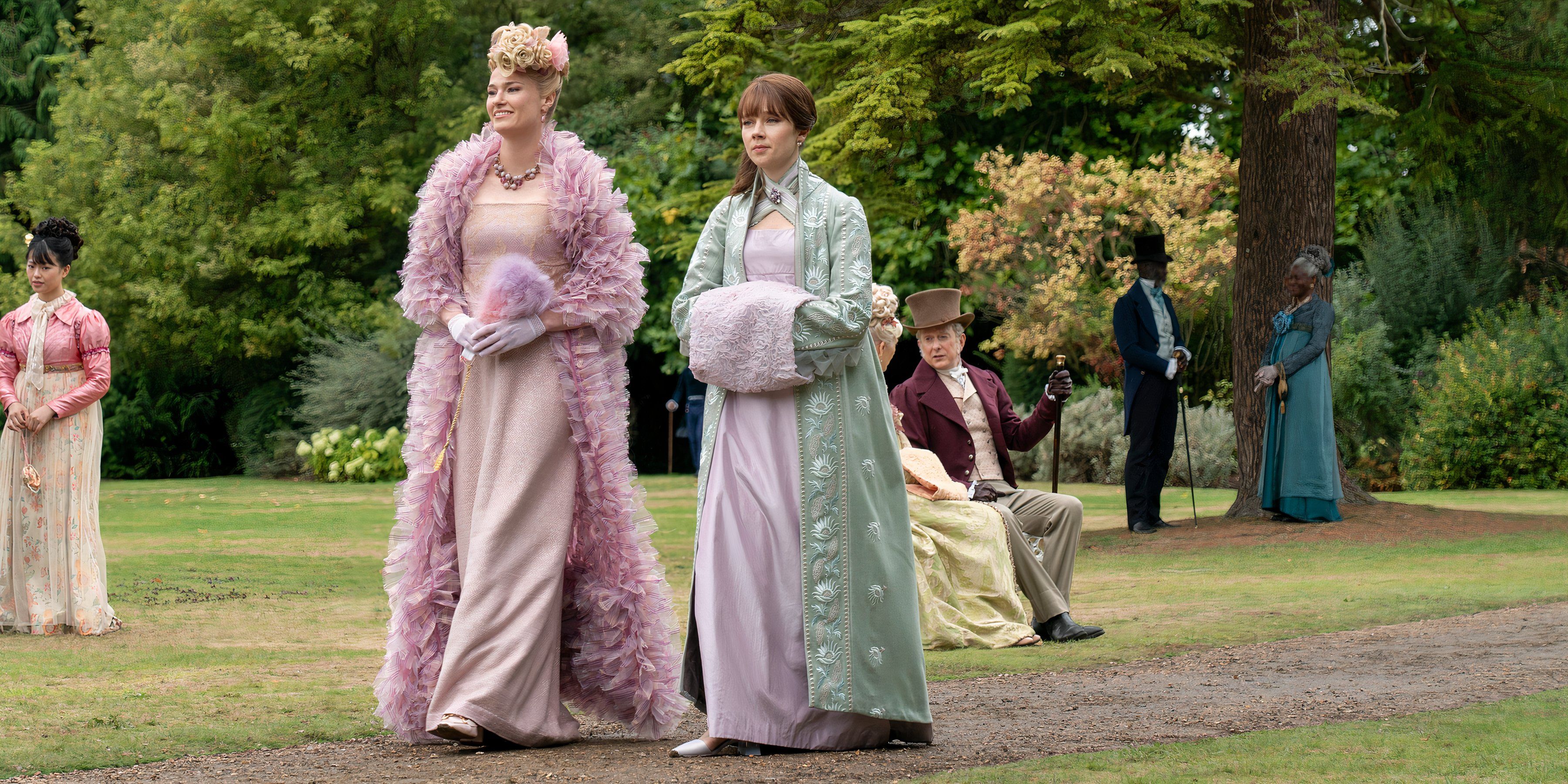 Cressida Cowper and Eloise Bridgerton walk together in Bridgerton season 3 still