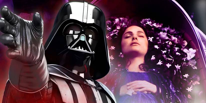 Darth Vader reaching out with the Force to the left and Padme lying in her casket to the right in a combined image