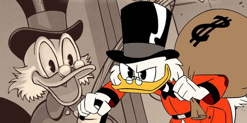 DuckTales' Scrooge McDuck hauls a money bag over an image of Scrooge fishing in his money bin.