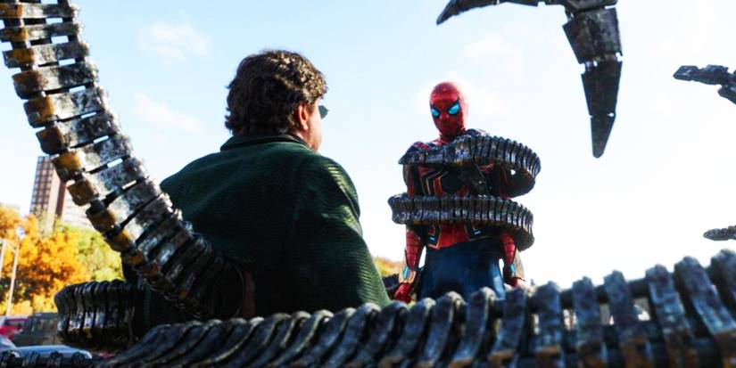Doctor Octopus capturing Spider-Man in Spider-Man No Way Home