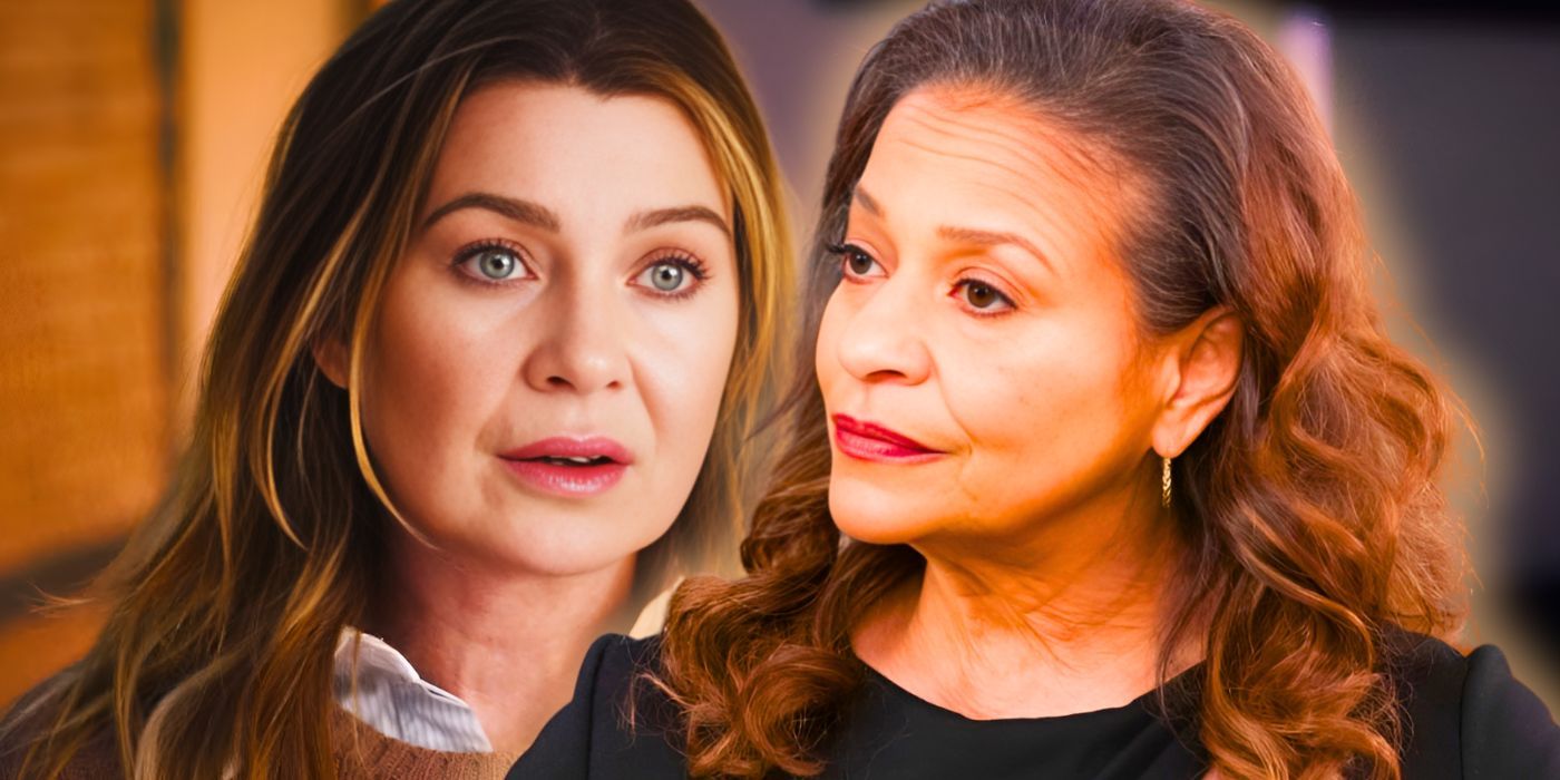 Эллен Помпео в роли Мередит Грей, выглядящая обеспокоенной, и Дебби Эллен в роли Екатерины Фокс, выглядящая строгой в 20-м сезоне *Grey's Anatomy*