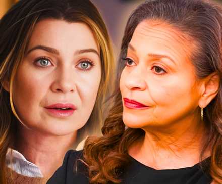 Эллен Помпео в роли Мередит Грей, выглядящая обеспокоенной, и Дебби Эллен в роли Екатерины Фокс, выглядящая строгой в 20-м сезоне *Grey's Anatomy*