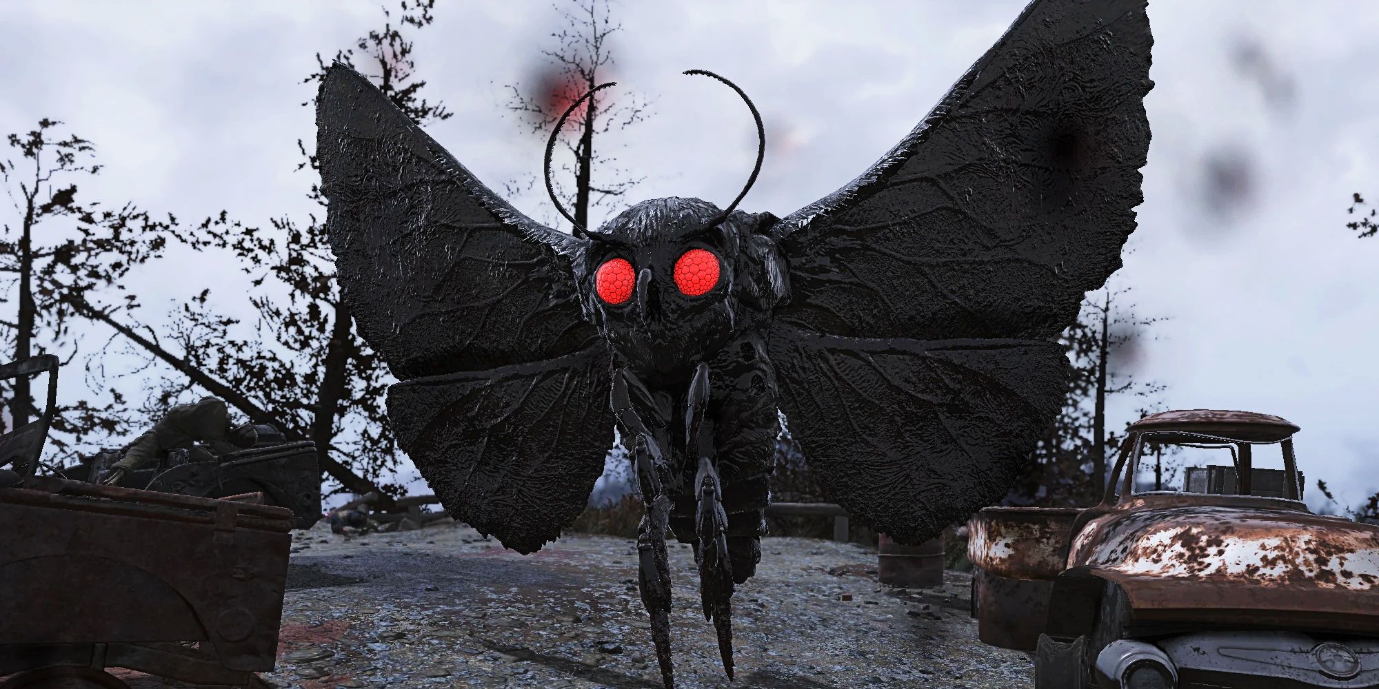 Mothman creature from Fallout 76, red-eyed and hovering.