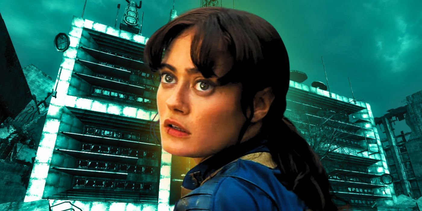 Ella Purnell as Lucy looking up with a large building in the background in Fallout