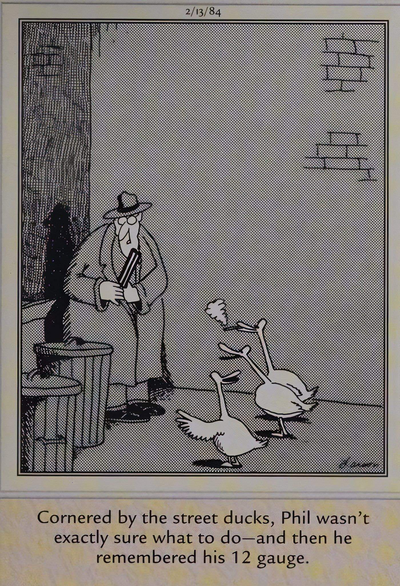Far Side, man cornered by ducks in an alleyway reaches for shotgun in his trenchcoat