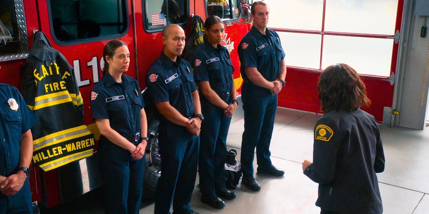 Fire Chief Herrera addresses the newest members of Station 19 while Pru Miller-Warren's gear hangs in sight in the series finale