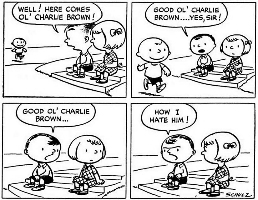 The very first Peanuts comic, Charlie Brown debuts walking by as Shermy says he hates him.