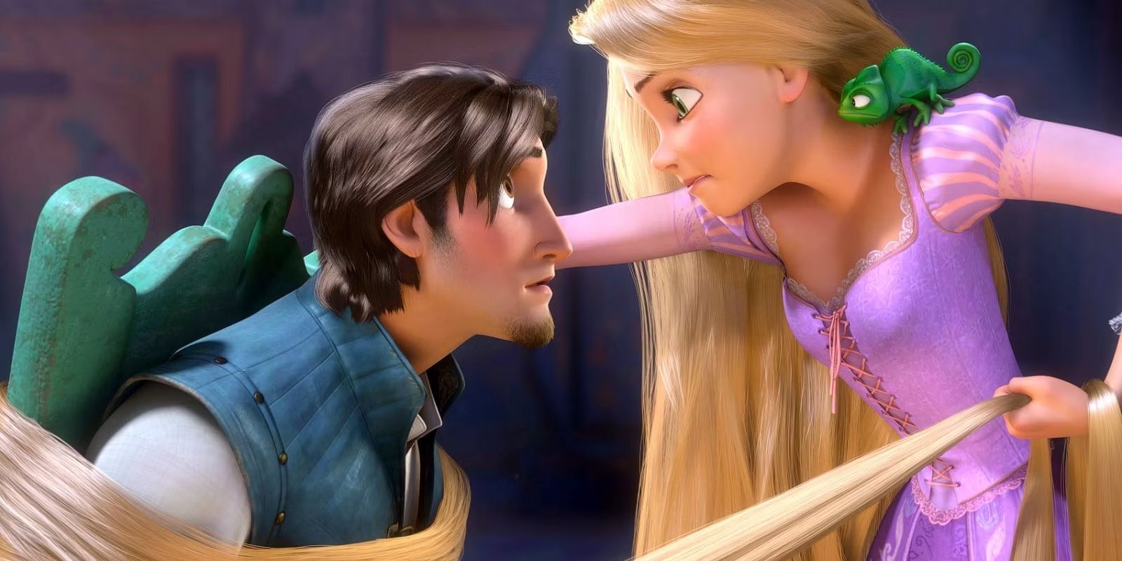 Flynn and Rapunzel face to face in Tangled
