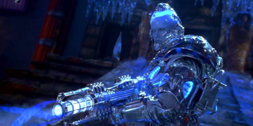 Arnold Schwarzenegger as Mr. Freeze firing a freeze ray in Batman & Robin (1997)