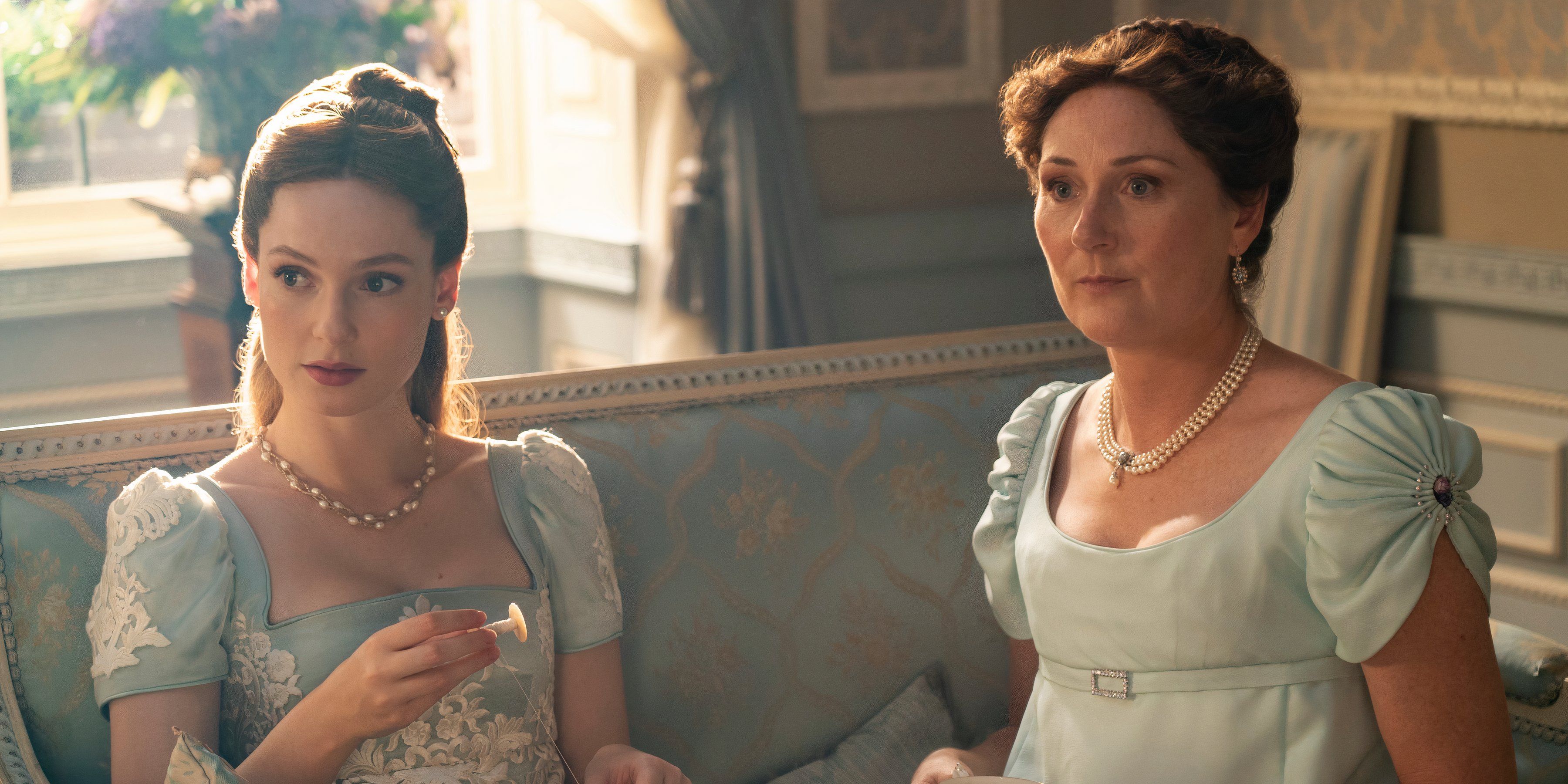 Francesca sits with her mother Violet in Bridgerton season 3 still