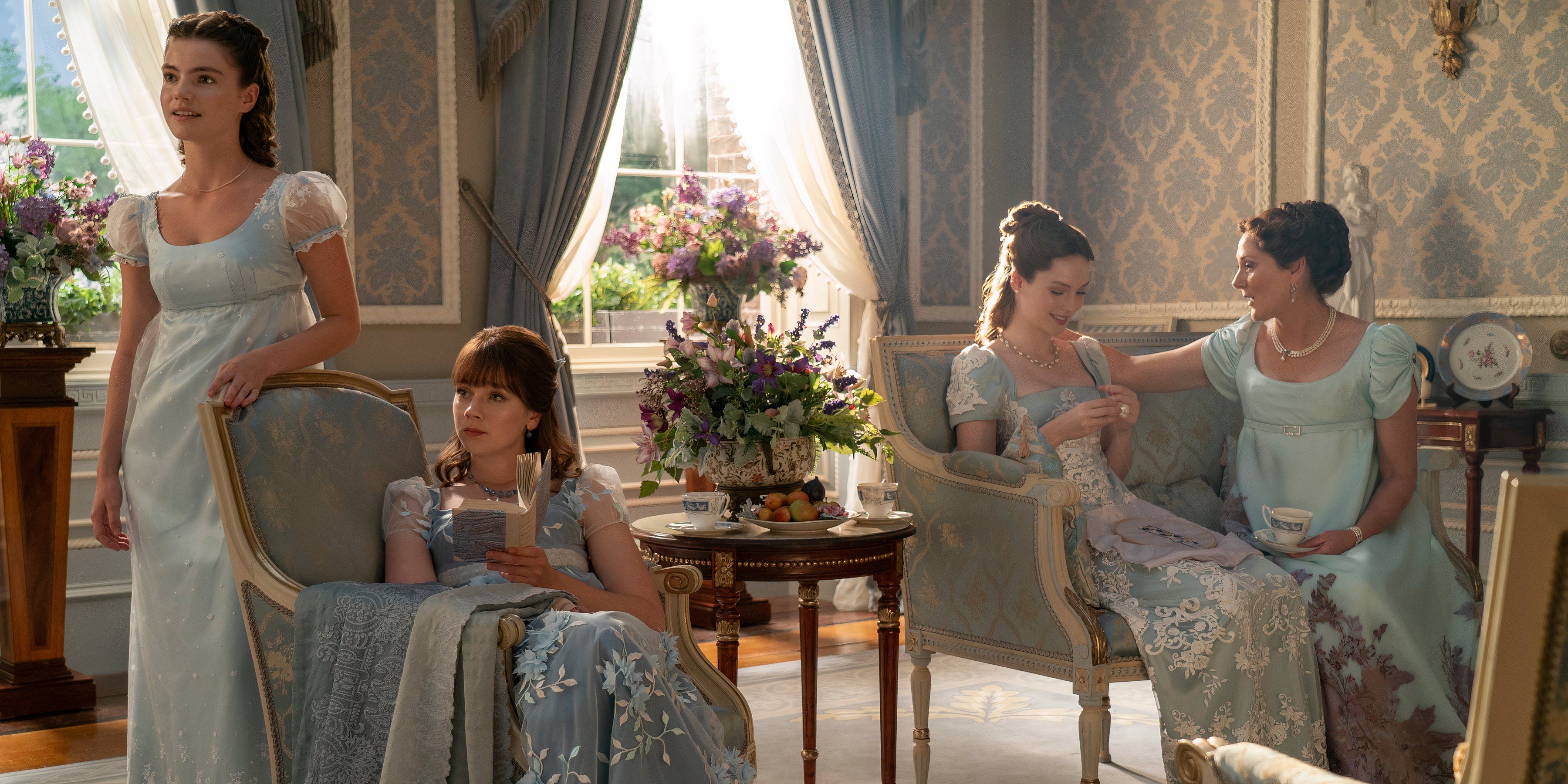 Hannah Dodd as Francesca sits with Ruth Gemmell as Violet, Claudia Jessie as Eloise and Florence Hunt as Hyacinth in Bridgerton season 3 still