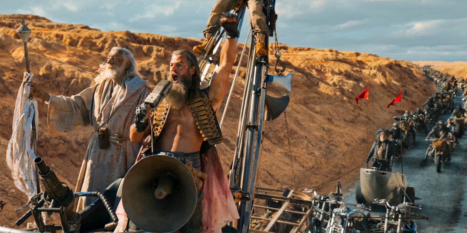 Dr. Dementus (Chris Hemsworth), using a megaphone leads a war cry while commanding an army of motorcyclists in the desert in Furiosa