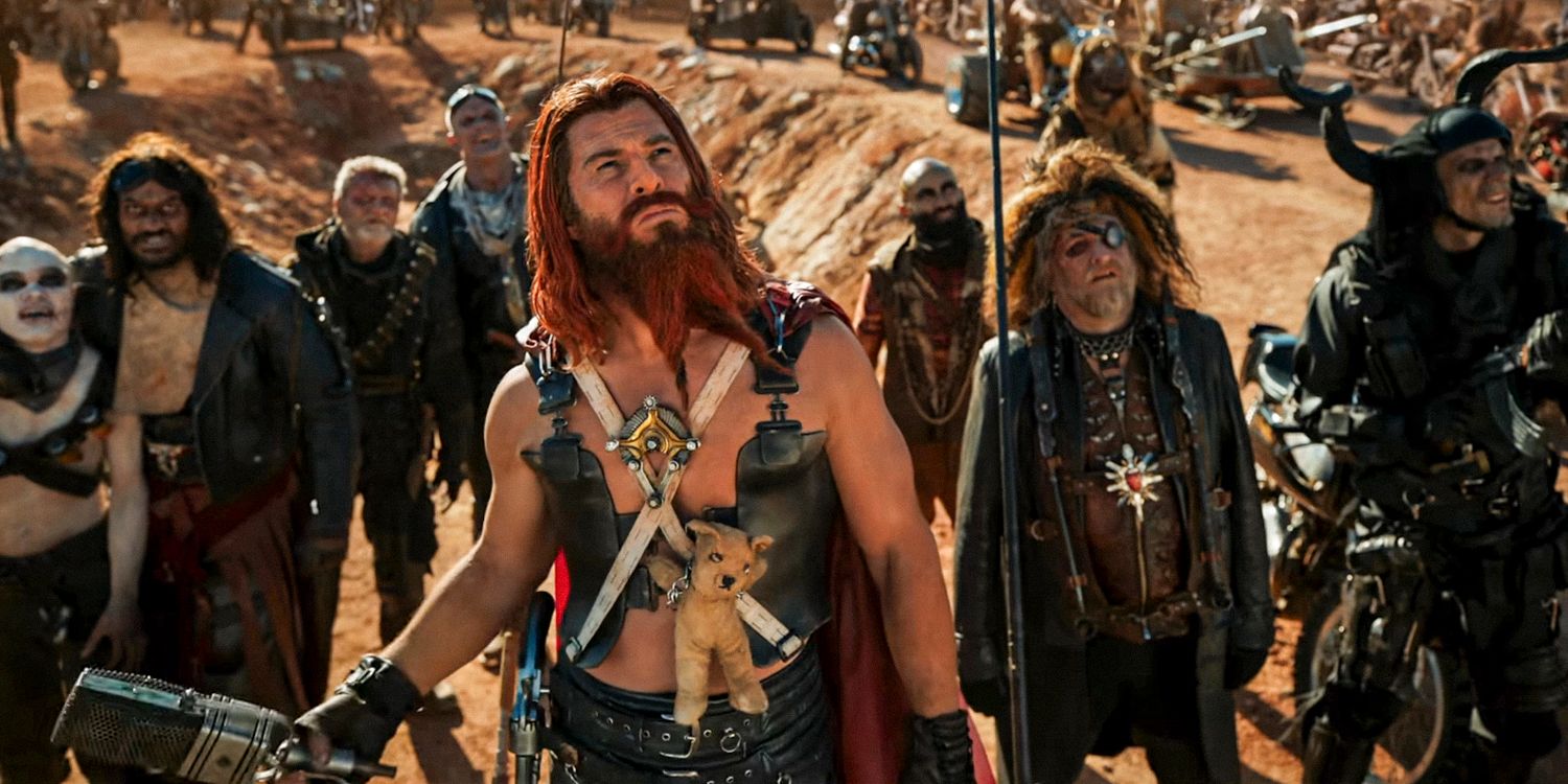 Dr. Dementus (Chris Hemsworth) at the front of his biker army in Furiosa: A Mad Max Saga