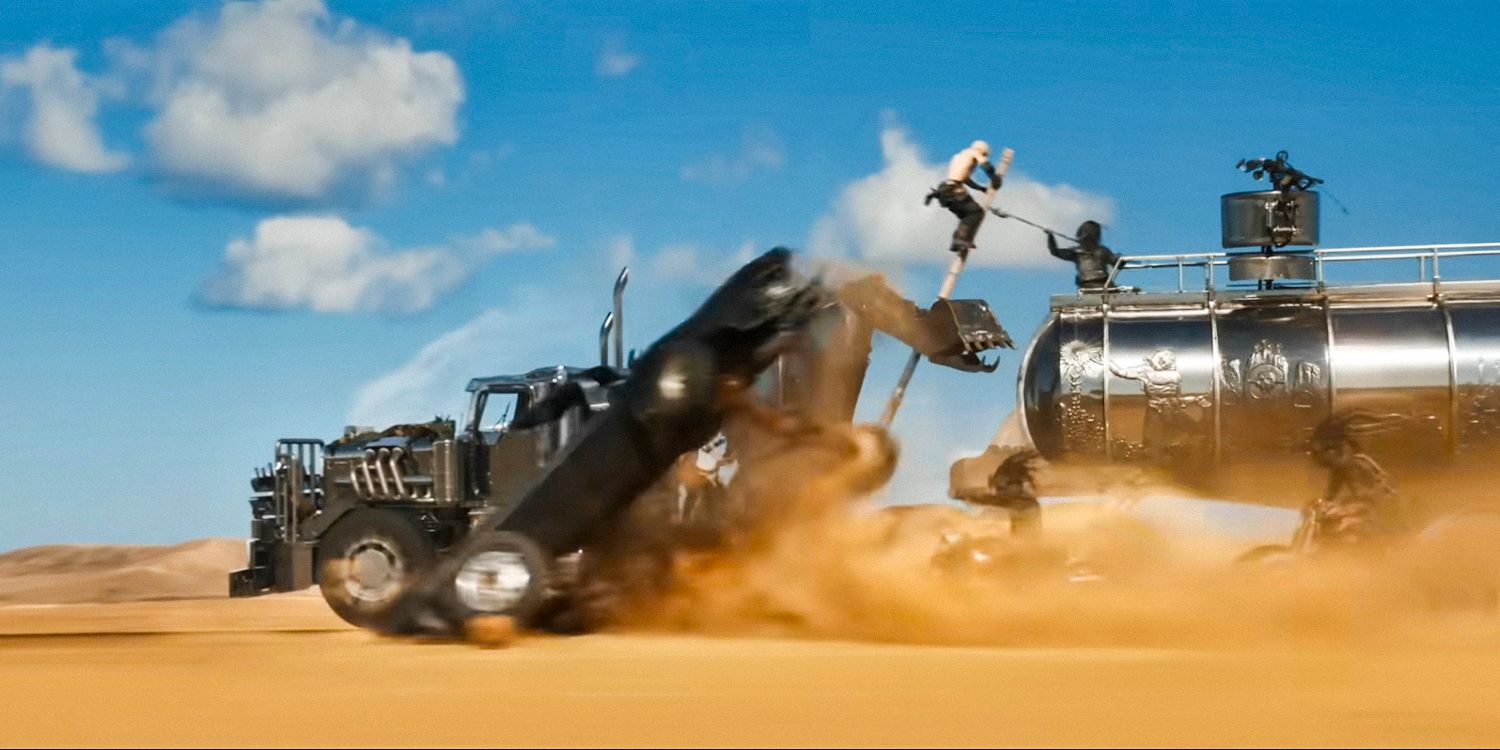 The War Rig and other vehicles speeding through the desert in Furiosa: A Mad Max Saga