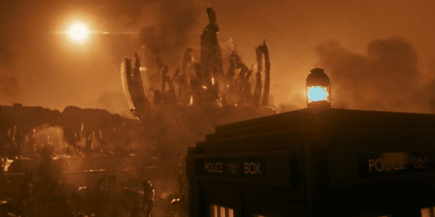 The TARDIS parked beside a destroyed Gallifrey in Doctor Who
