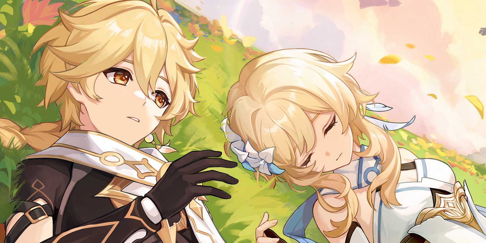 Genshin Impact's Aether and Lumine are lying on the grass.