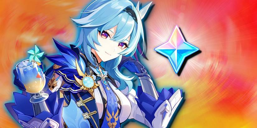 Genshin Impact's Eula holds a drink and smiles next to a Primogem.