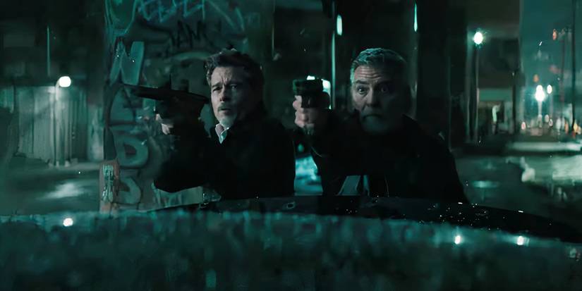 Джордж Клуни и Брэд Питт, стреляющие из оружия в "Волфс"