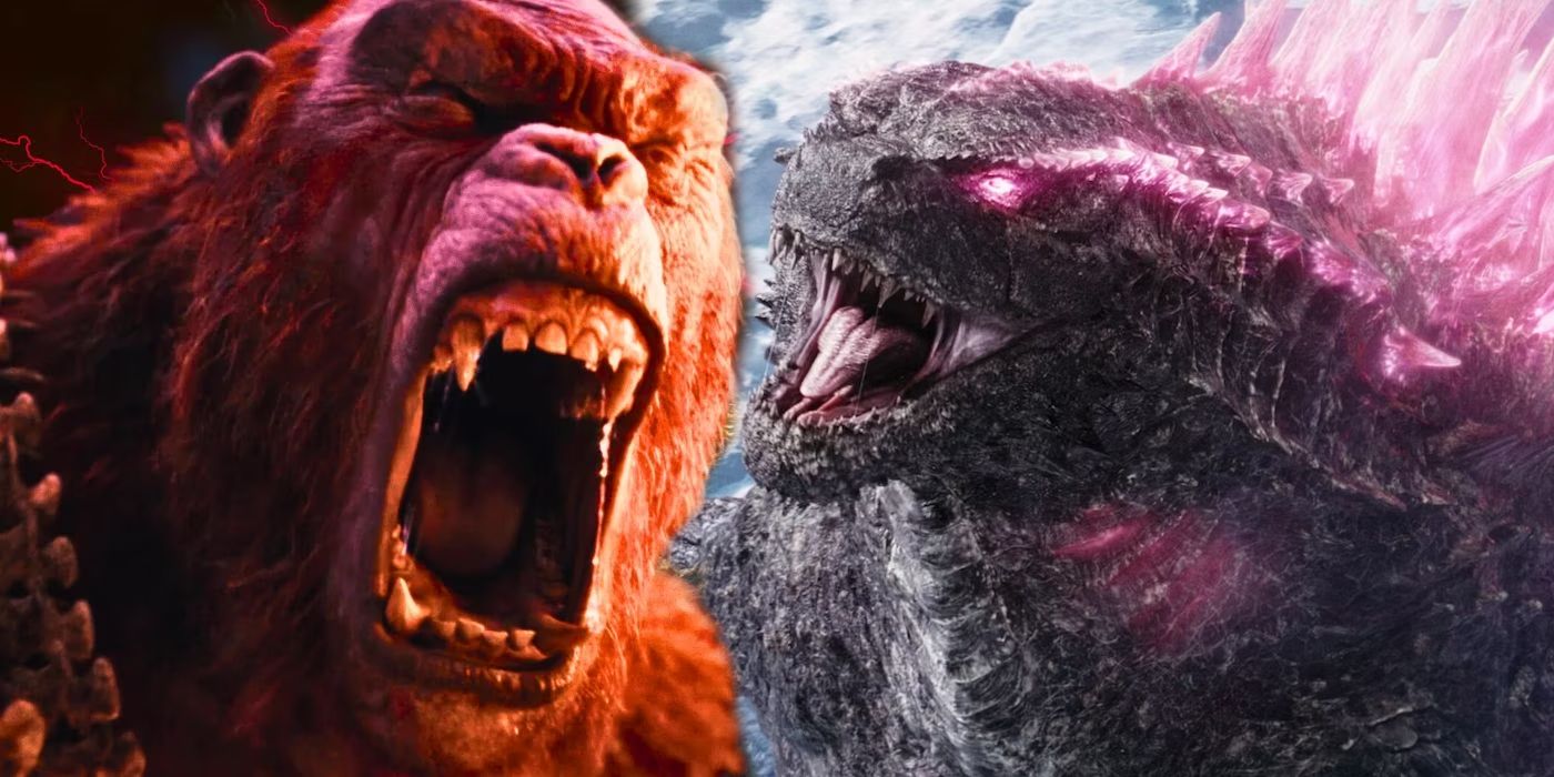 Skar King roaring next to pink Godzilla roaring in Godzilla x Kong The New Empire