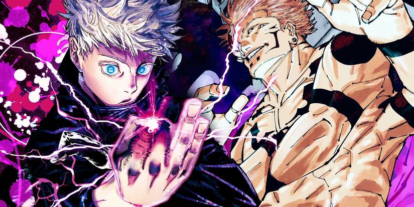 Gojo aus Jujutsu Kaisen wirft mit seiner Hand vor sich ein hohles Lila, aus dem violette und rosa Funken sprühen, und Sukuna sieht bedrohlich neben ihm aus