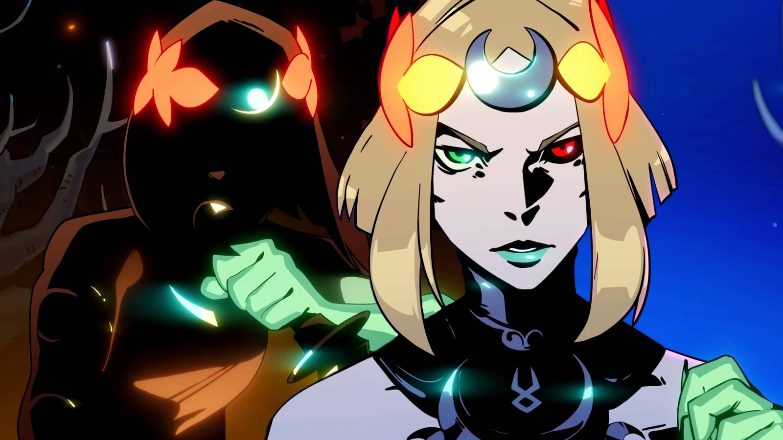 Two shots of Melinoë from Hades 2's reveal trailer. One a close-up, and the other with her in shadow holding a knife.