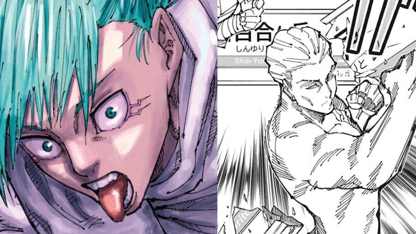 Hakari from manga panel in the right and Kashimo on the left spitting out his tounge from the volume cover