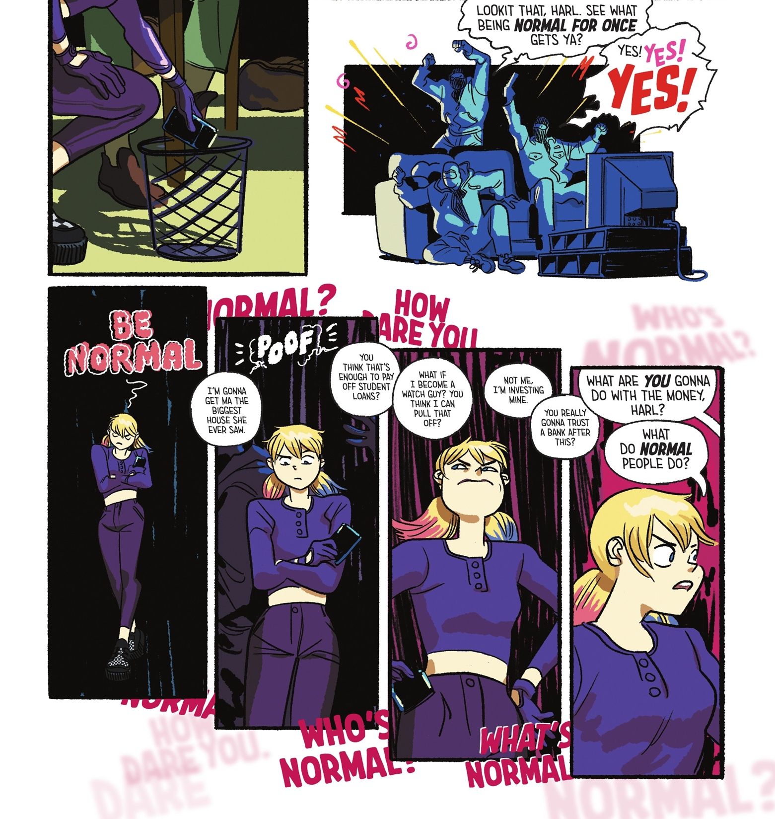 Harley Quinn is shown in a purple shirt, getting increasingly distressed as she tries to decide what 