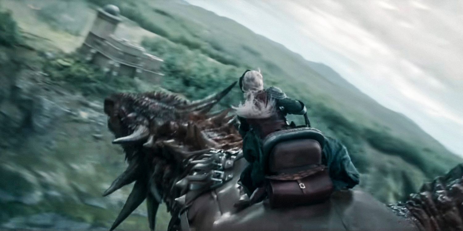 Princess Rhaenys Targaryen riding her dragon soaring through the skies in House of the Dragon season 2